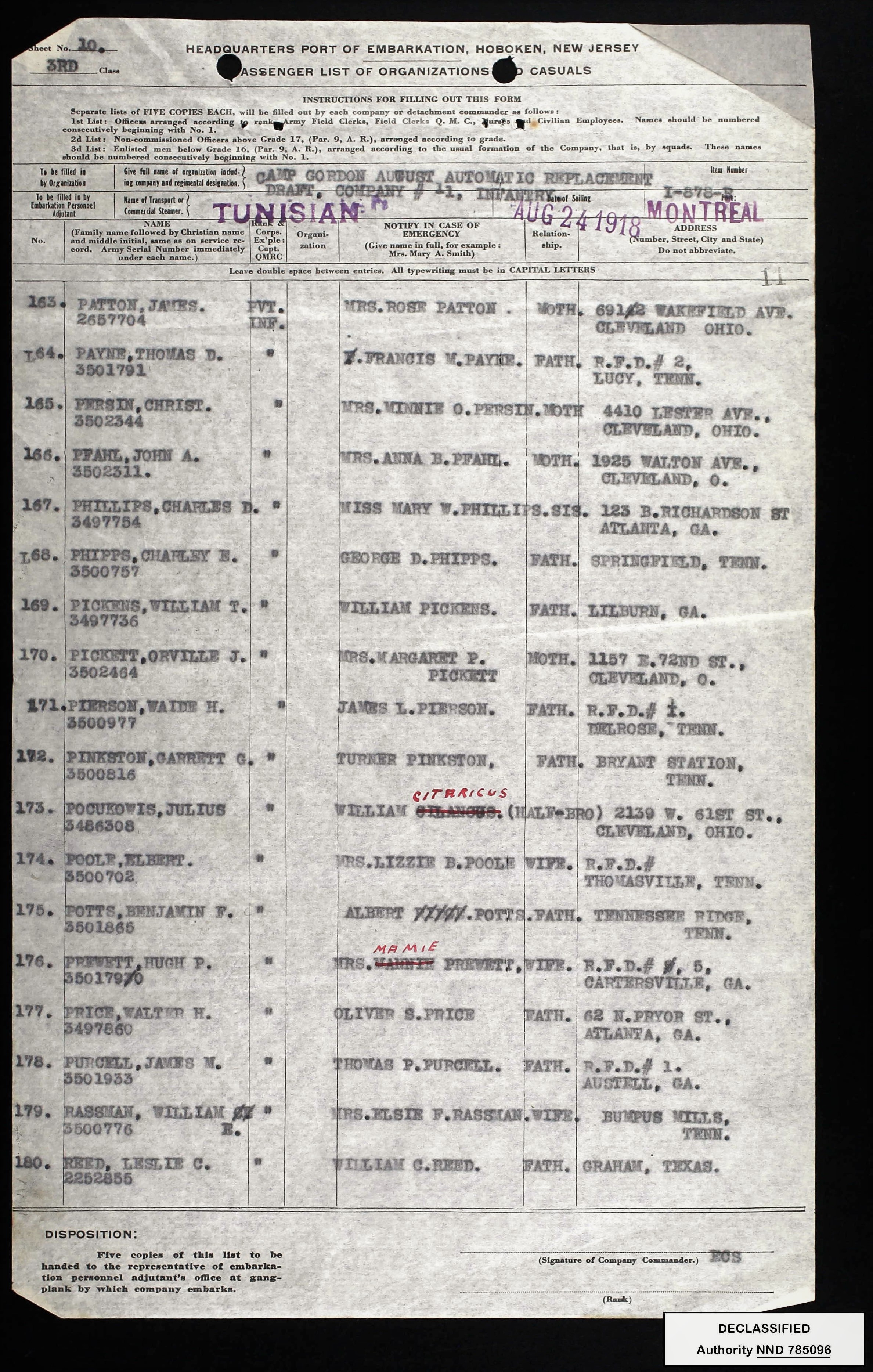 Passenger List  Tunisian  August 24  1918